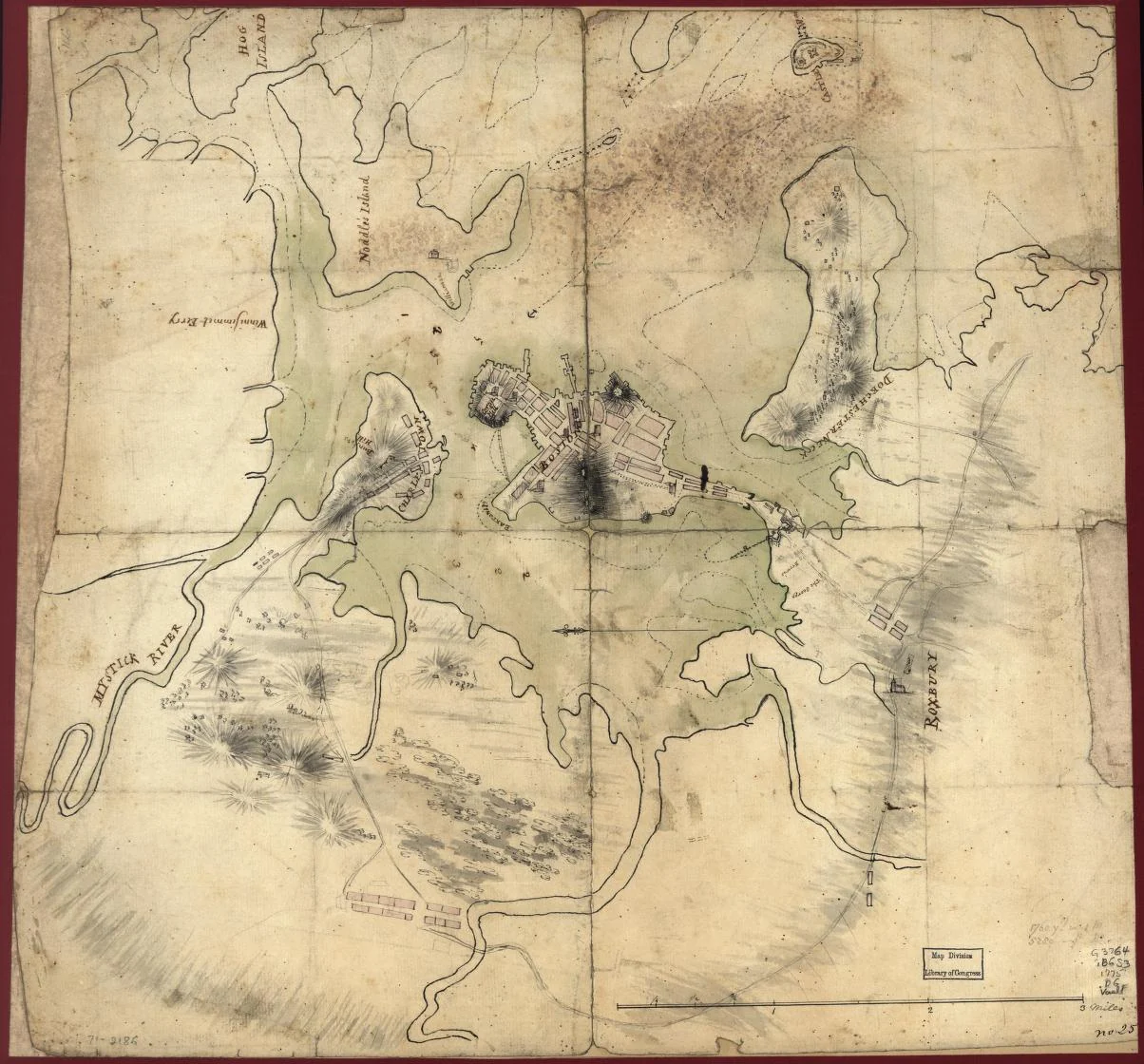A hand-drawn map of Boston and surrounding waterways, with buildings and entrenchments marked on aged paper.